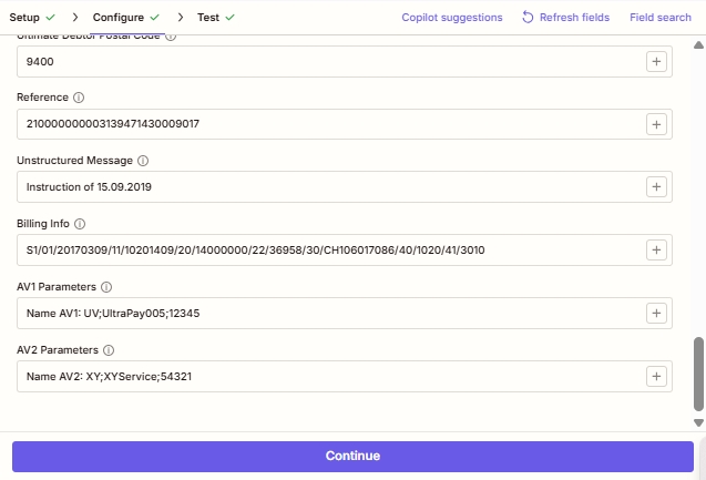 Zapier Create Swiss QR Bill action: Block 5: Reference, Unstructured Message, Billing Info, AV1 Parameters, AV2 Parameters